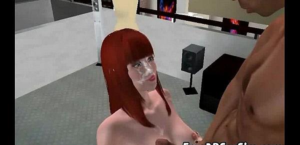  Foxy 3D redhead sucking cock and getting a facial